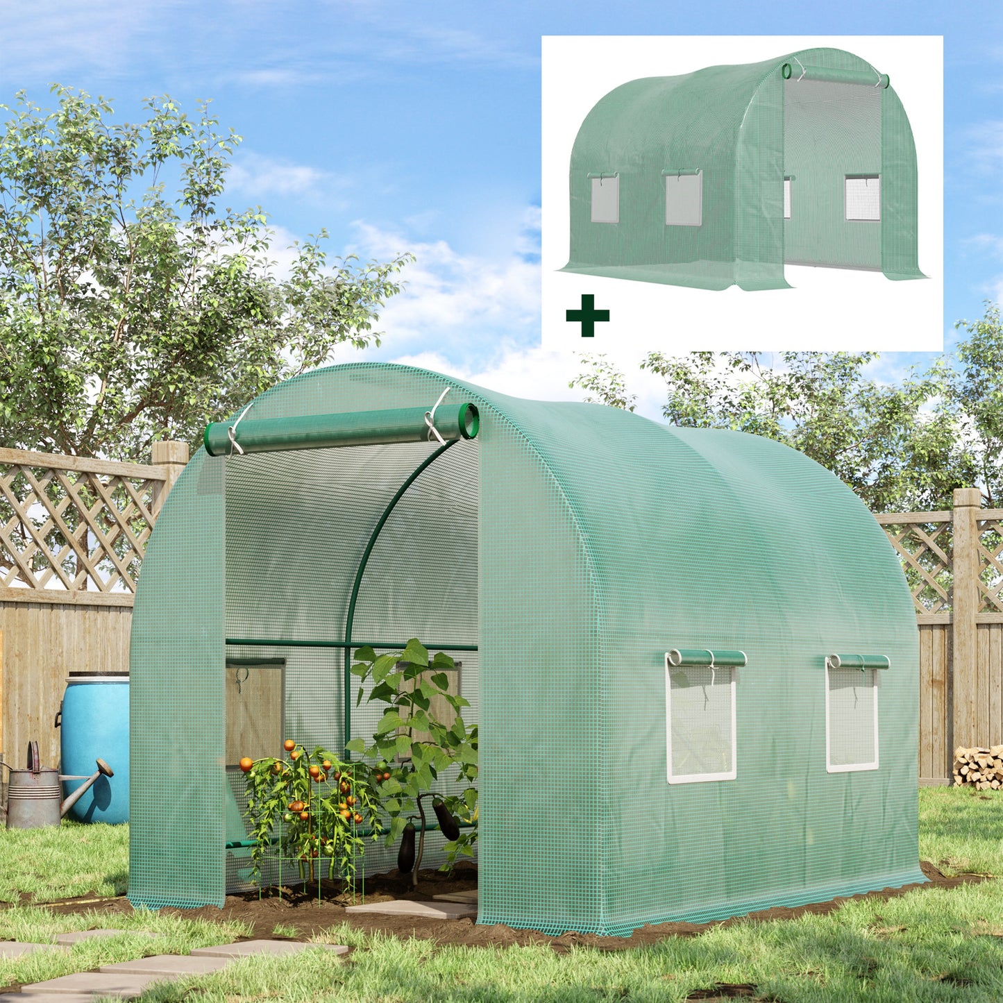 Outsunny Conjunto de Estufa Tipo Túnel e Cobertura de Substituição com 4 Janelas e Porta Anti-UV para Cultivos Plantas Flores em Jardim Terraço 2,5x2x2 m Verde