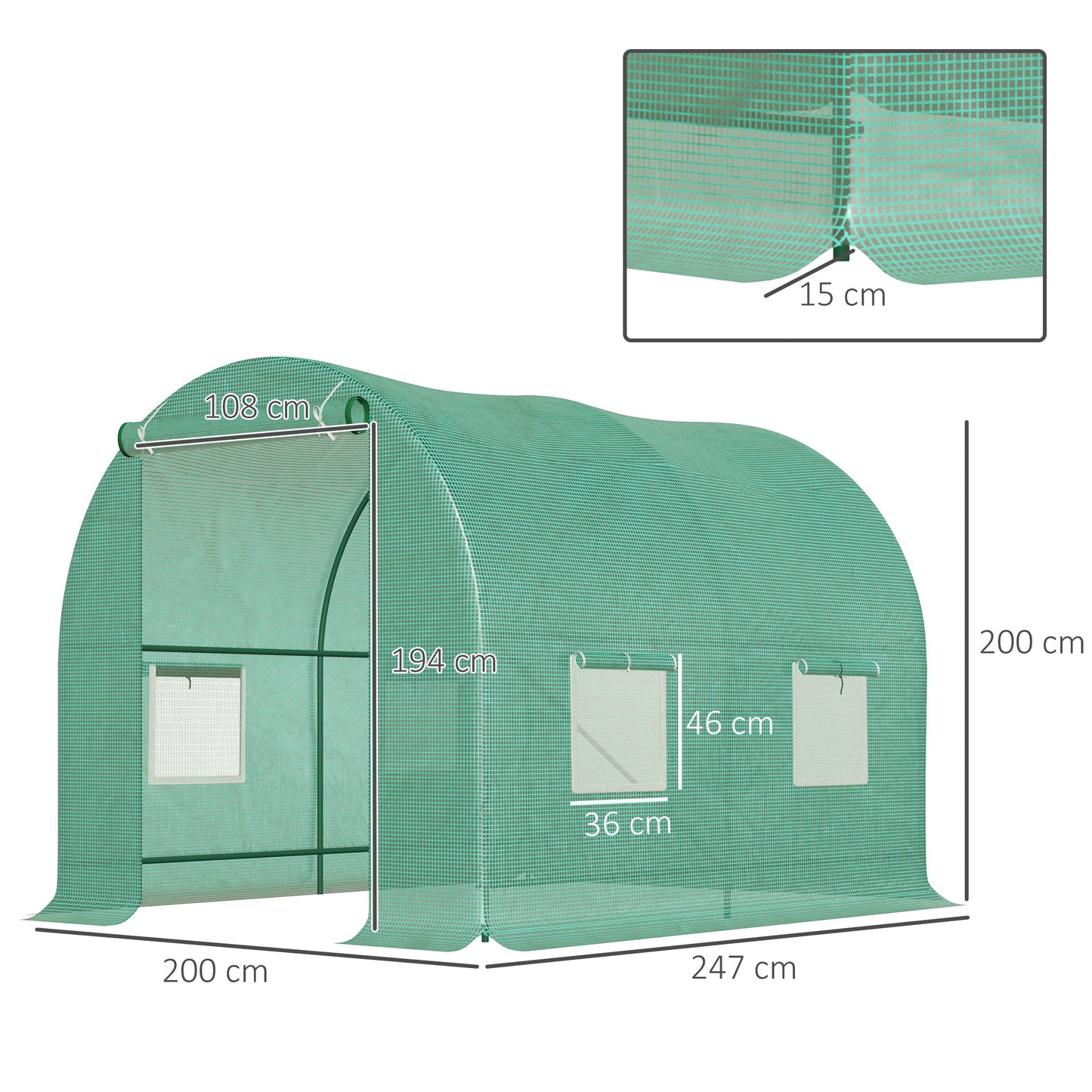 Outsunny Conjunto de Estufa Tipo Túnel e Cobertura de Substituição com 4 Janelas e Porta Anti-UV para Cultivos Plantas Flores em Jardim Terraço 2,5x2x2 m Verde