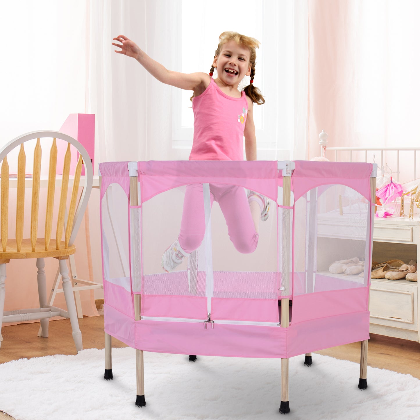 HOMCOM Trampolim para Crianças acima de 3 Anos Trampolim Infantil com Rede de Segurança Carga Máxima 80kg 126x109x98cm Rosa