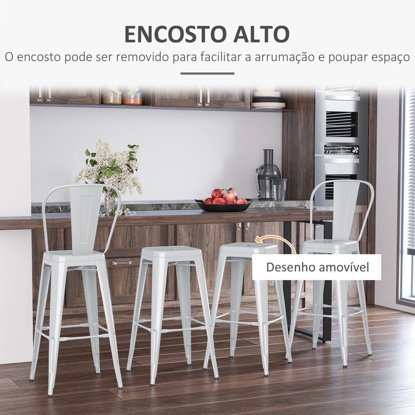 HOMCOM Conjunto de 4 Bancos Altos de Cozinha de Metal Bancos de Bar com Encosto Alto e Apoio para os Pés para Sala de Jantar Carga 120kg 44x49x116 cm Cinza