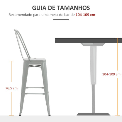 HOMCOM Conjunto de 4 Bancos Altos de Cozinha de Metal Bancos de Bar com Encosto Alto e Apoio para os Pés para Sala de Jantar Carga 120kg 44x49x116 cm Cinza