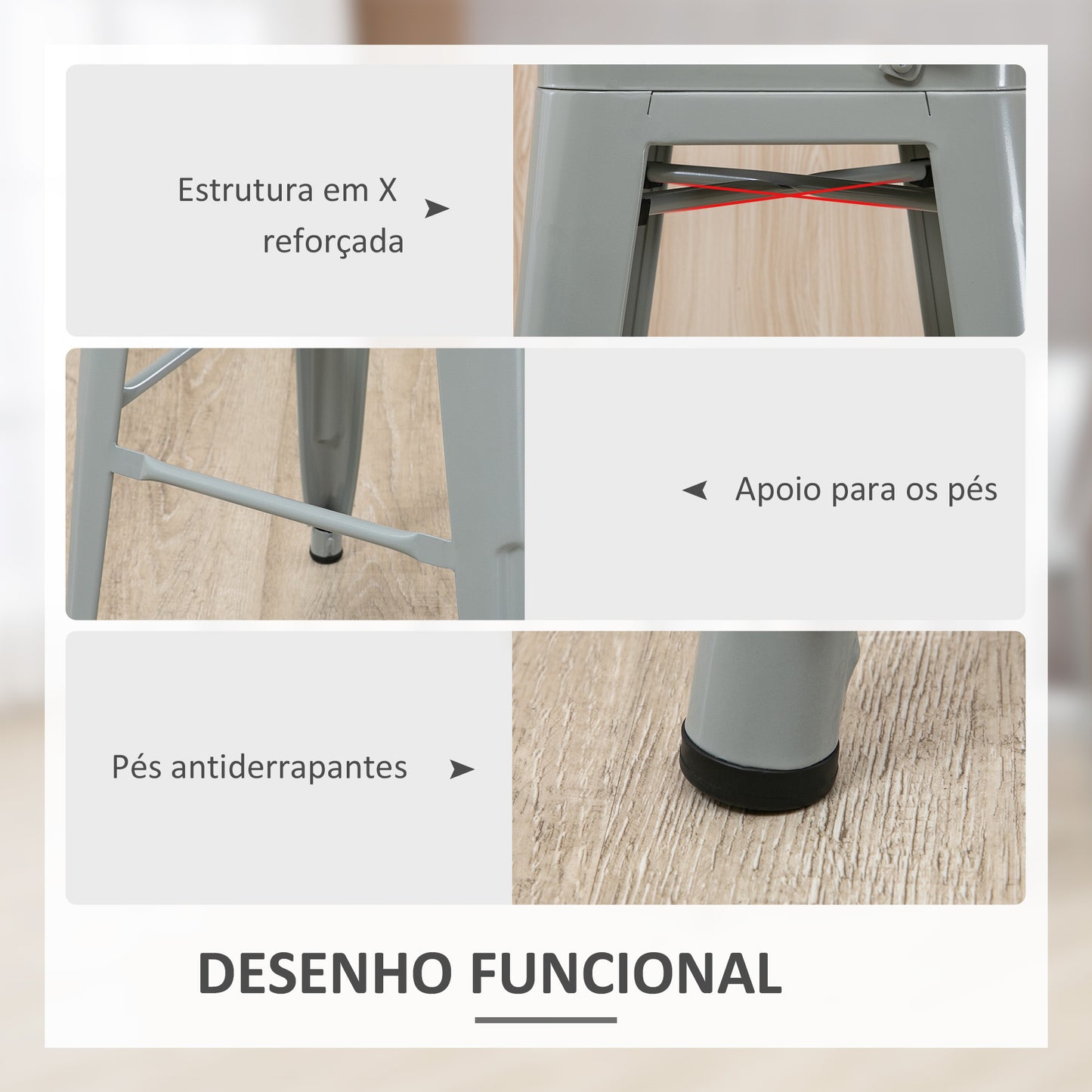 HOMCOM Conjunto de 4 Bancos Altos de Cozinha de Metal Bancos de Bar com Encosto Alto e Apoio para os Pés para Sala de Jantar Carga 120kg 44x49x116 cm Cinza