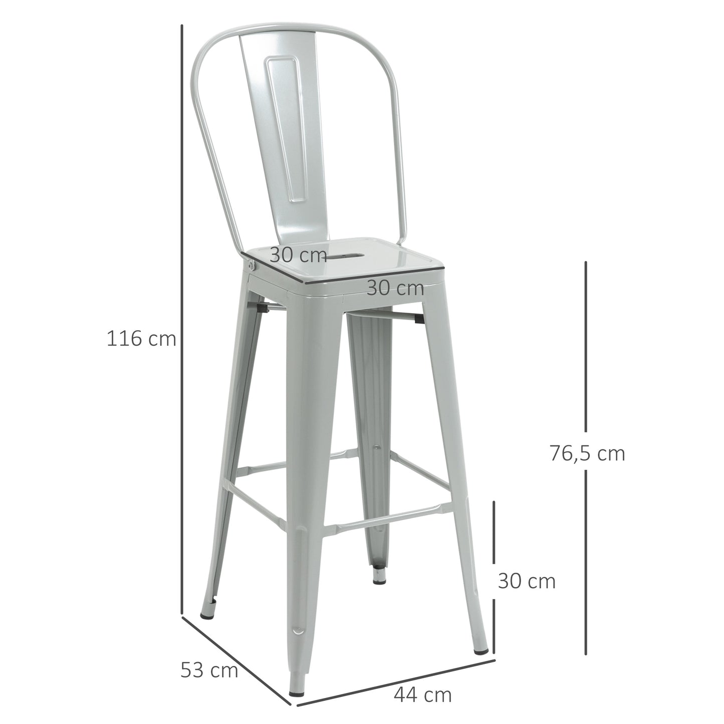 HOMCOM Conjunto de 4 Bancos Altos de Cozinha de Metal Bancos de Bar com Encosto Alto e Apoio para os Pés para Sala de Jantar Carga 120kg 44x49x116 cm Cinza