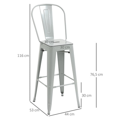 HOMCOM Conjunto de 4 Bancos Altos de Cozinha de Metal Bancos de Bar com Encosto Alto e Apoio para os Pés para Sala de Jantar Carga 120kg 44x49x116 cm Cinza