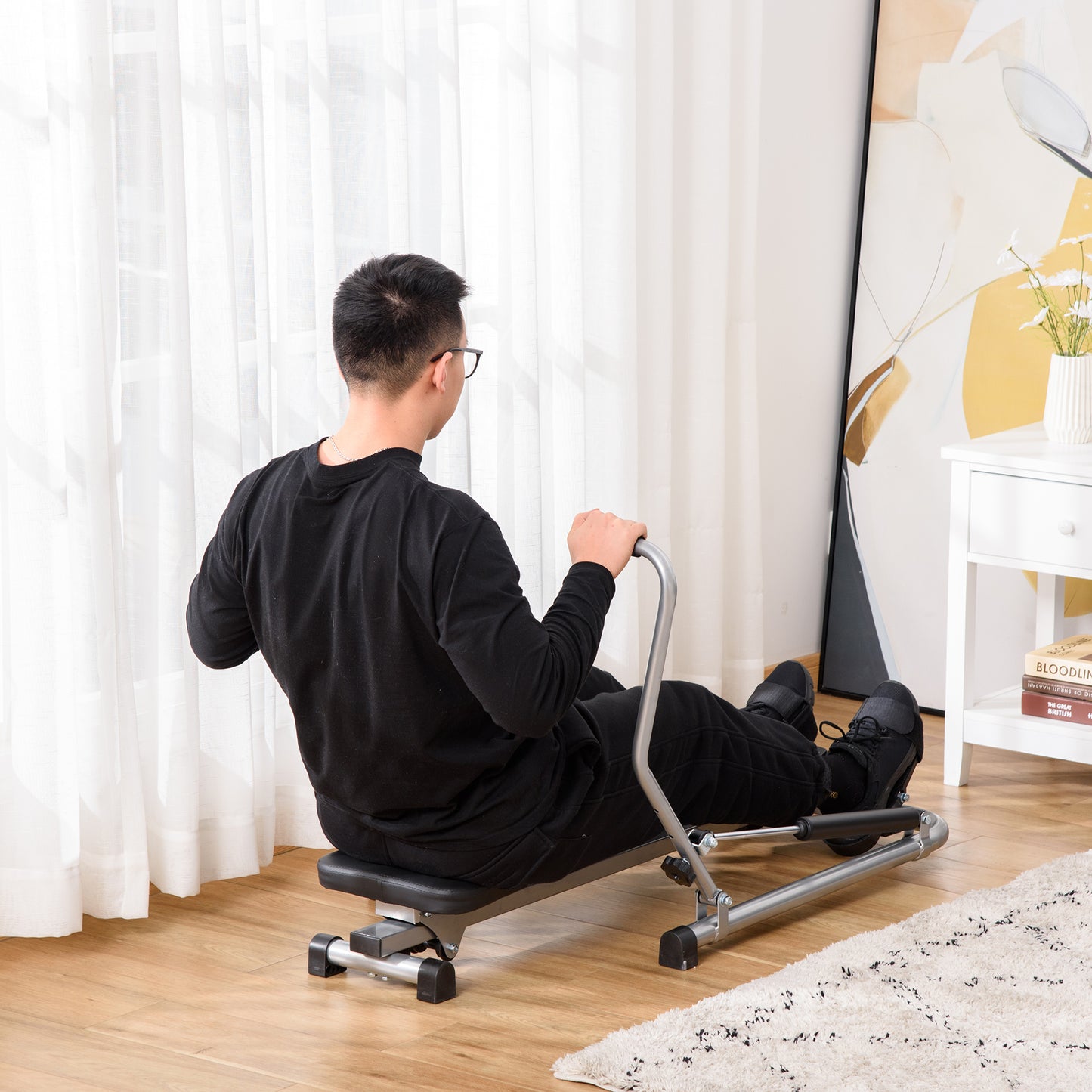 HOMCOM Máquina de Remo Hidráulico Dobrável com 4 Níveis de Resistência Ecrã Digital e Pedal Antiderrapante para Fitness em Casa Aço 129x70x70cm Preto e Prata