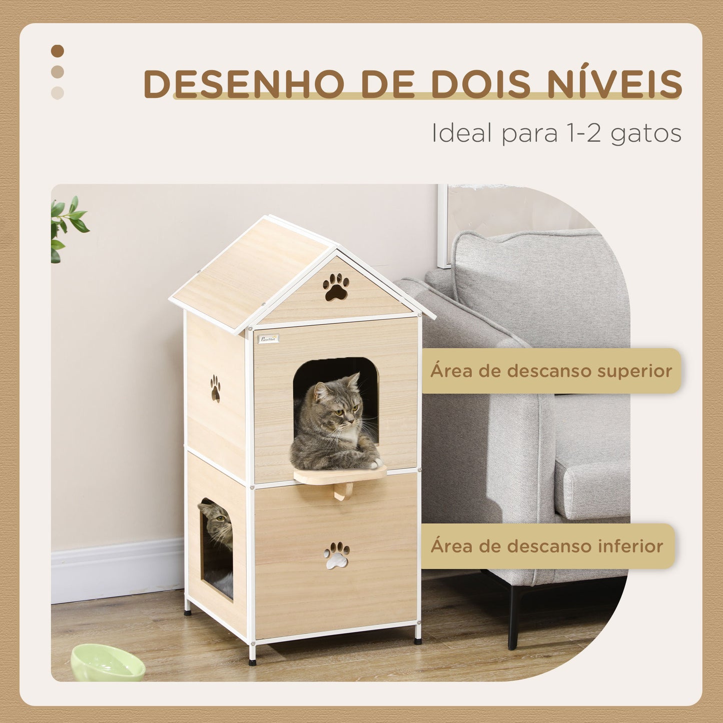 PawHut Casa para Gatos de Madeira Casa para Gatos de 2 Níveis Estilo Cabana com 2 Almofadas Laváveis e Plataforma Lateral 47x40x90 cm Madeira e Branco