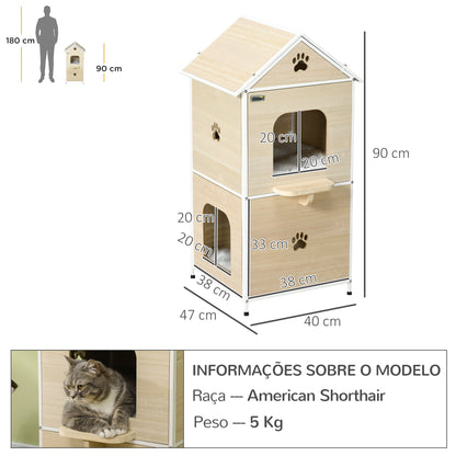 PawHut Casa para Gatos de Madeira Casa para Gatos de 2 Níveis Estilo Cabana com 2 Almofadas Laváveis e Plataforma Lateral 47x40x90 cm Madeira e Branco