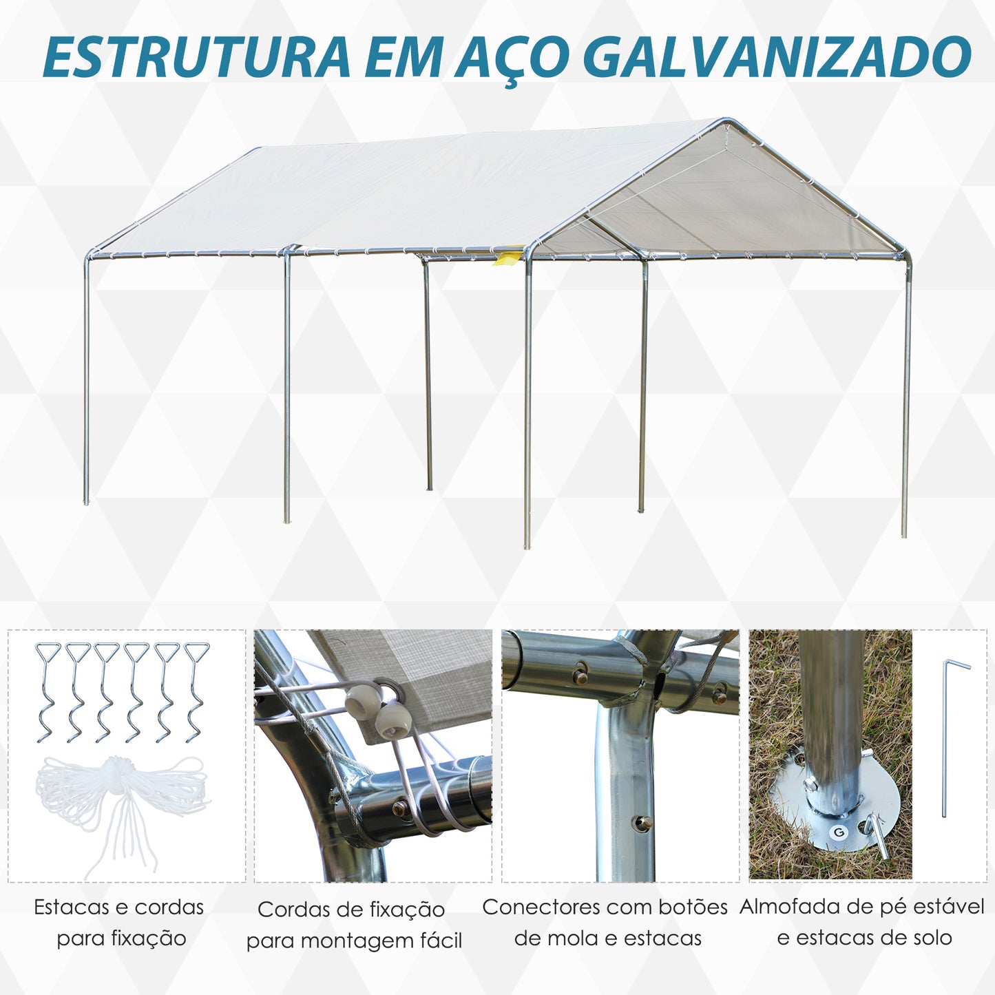 Outsunny Tenda de Garagem 3x6 m Tenda de Garagem para Carros Impermeável com Toldo de Tecido PE e Estrutura de Aço Galvanizado Tenda para Jardim Pátio Branco