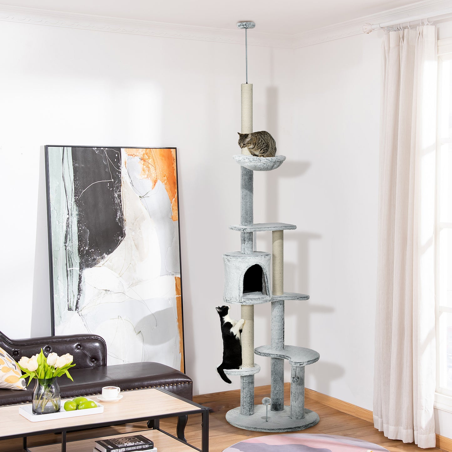 PawHut Arranhador para Gatos de 255 cm Torre para Gatos de Teto com Altura Ajustável Caverna Plataformas Rede Postes de Arranhar e Bolas Suspensas Ø60x225-255 cm Cinza