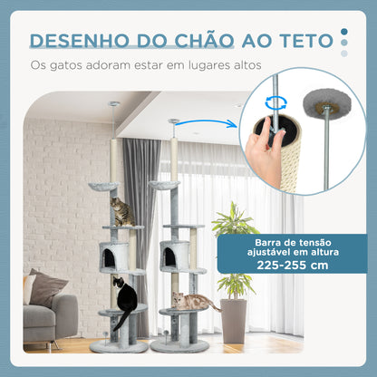 PawHut Arranhador para Gatos de 255 cm Torre para Gatos de Teto com Altura Ajustável Caverna Plataformas Rede Postes de Arranhar e Bolas Suspensas Ø60x225-255 cm Cinza