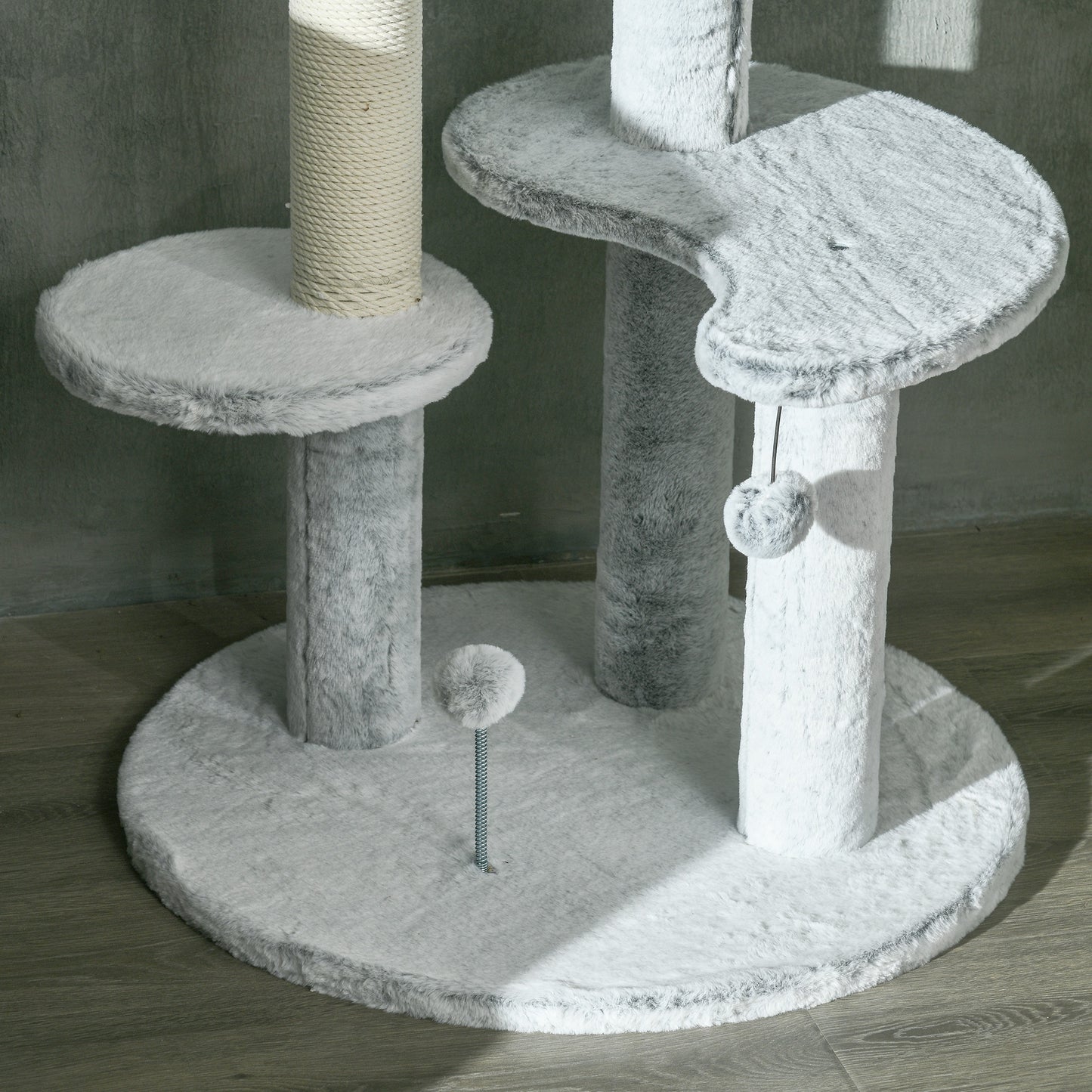 PawHut Arranhador para Gatos de 255 cm Torre para Gatos de Teto com Altura Ajustável Caverna Plataformas Rede Postes de Arranhar e Bolas Suspensas Ø60x225-255 cm Cinza