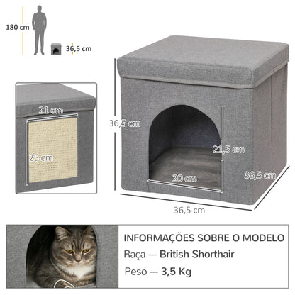 PawHut Casa para Gatos Cama para Gatos Casa para Gatos com Placa de Arranhar e Porta Interior 36,5x36,5x36,5 cm Cinza