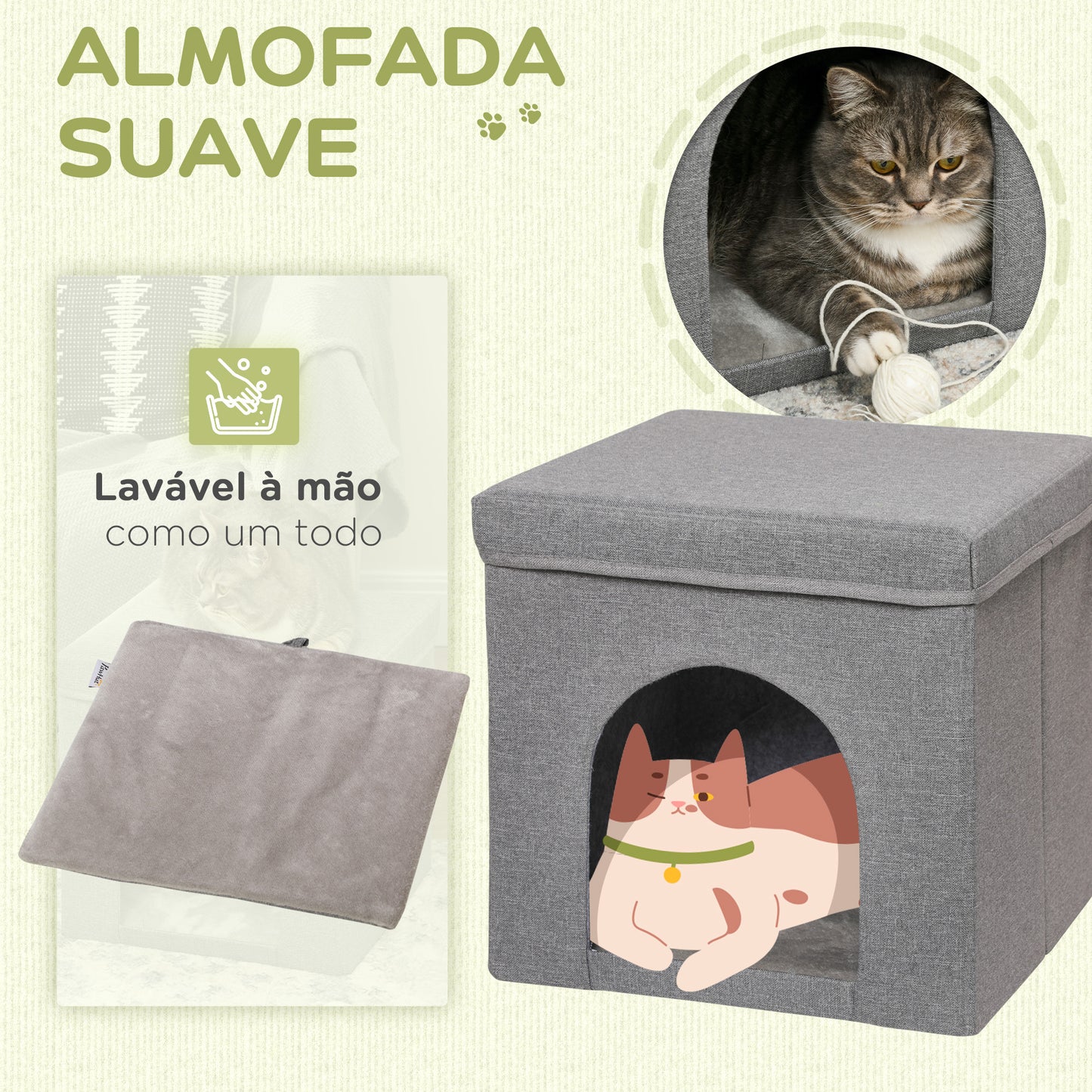 PawHut Casa para Gatos Cama para Gatos Casa para Gatos com Placa de Arranhar e Porta Interior 36,5x36,5x36,5 cm Cinza