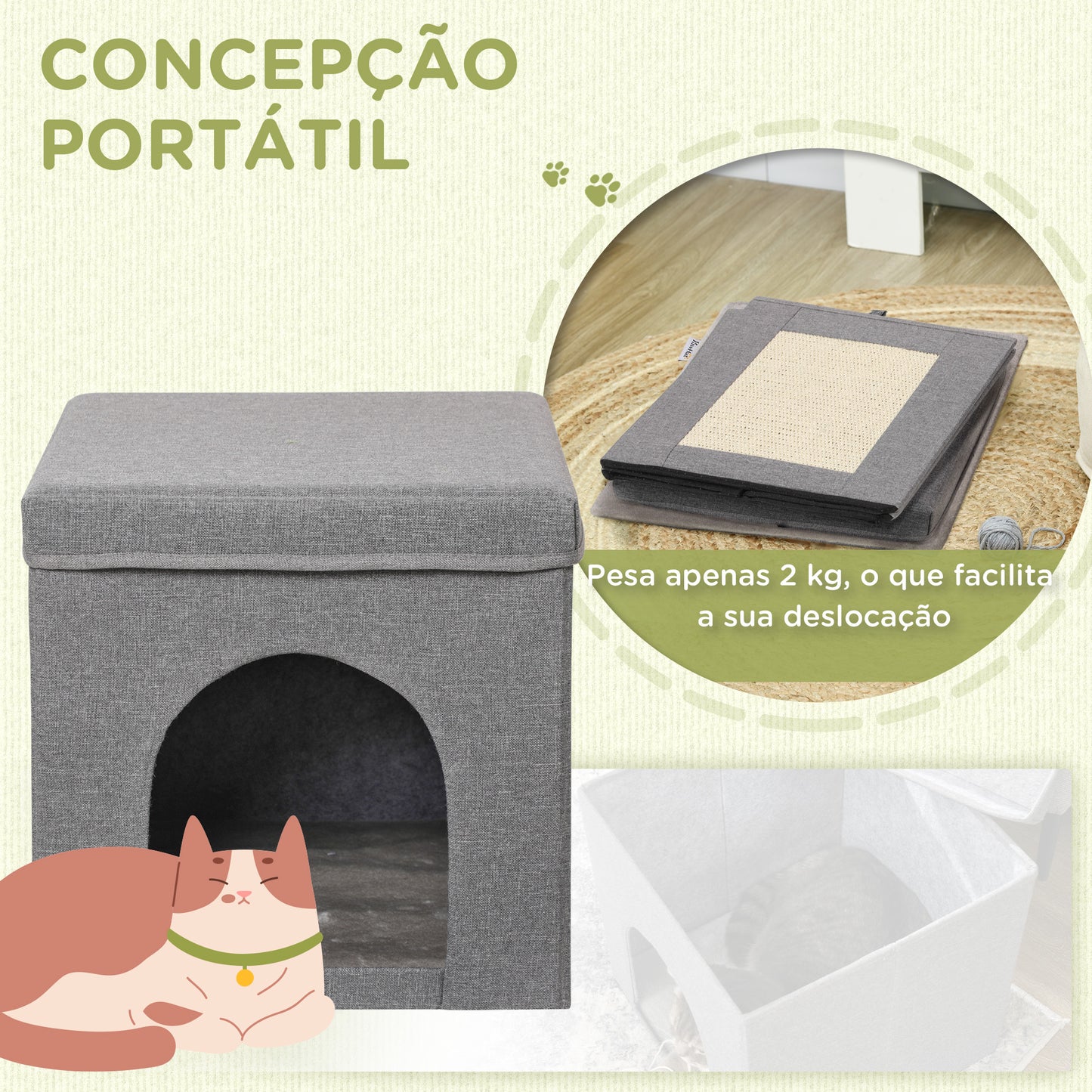 PawHut Casa para Gatos Cama para Gatos Casa para Gatos com Placa de Arranhar e Porta Interior 36,5x36,5x36,5 cm Cinza