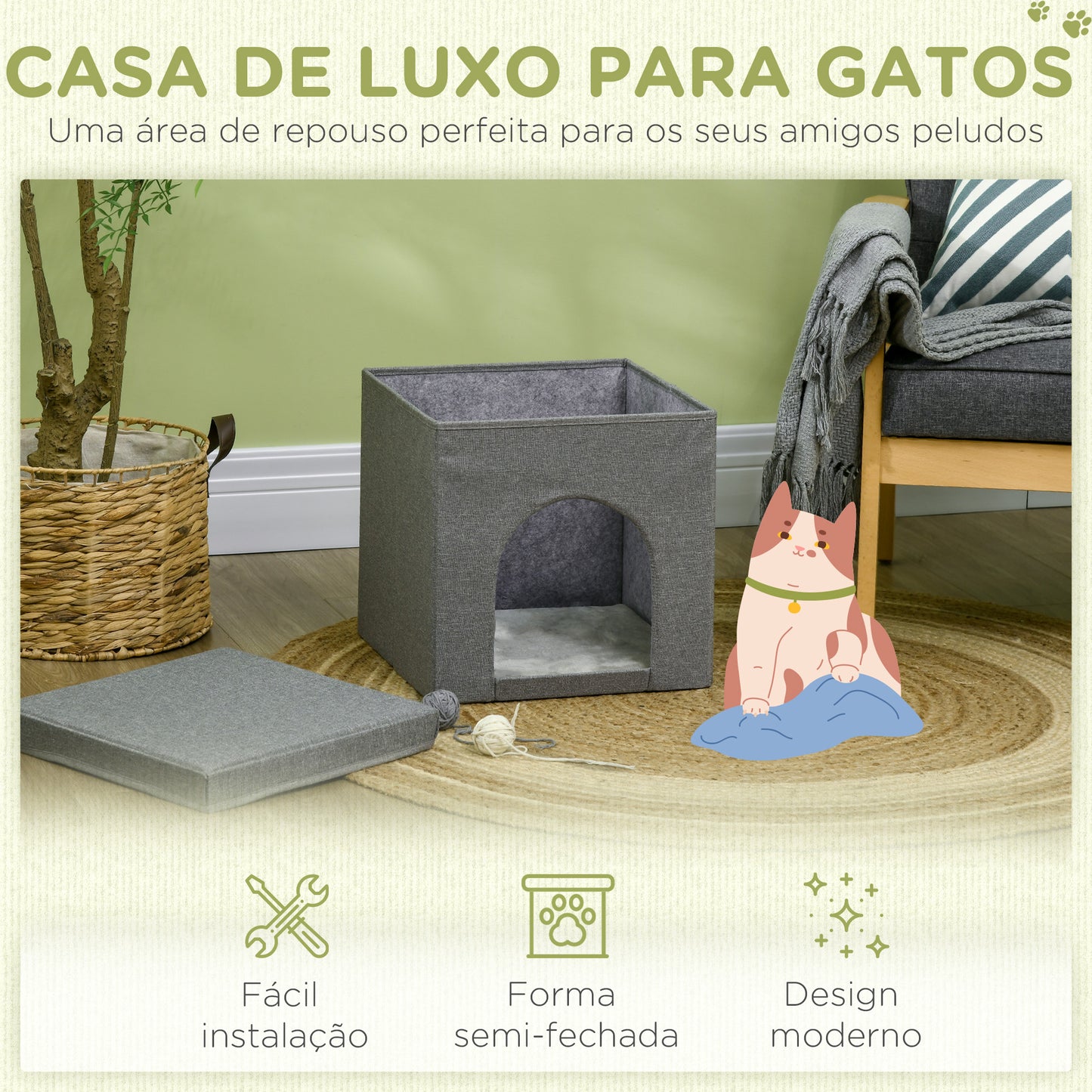 PawHut Casa para Gatos Cama para Gatos Casa para Gatos com Placa de Arranhar e Porta Interior 36,5x36,5x36,5 cm Cinza