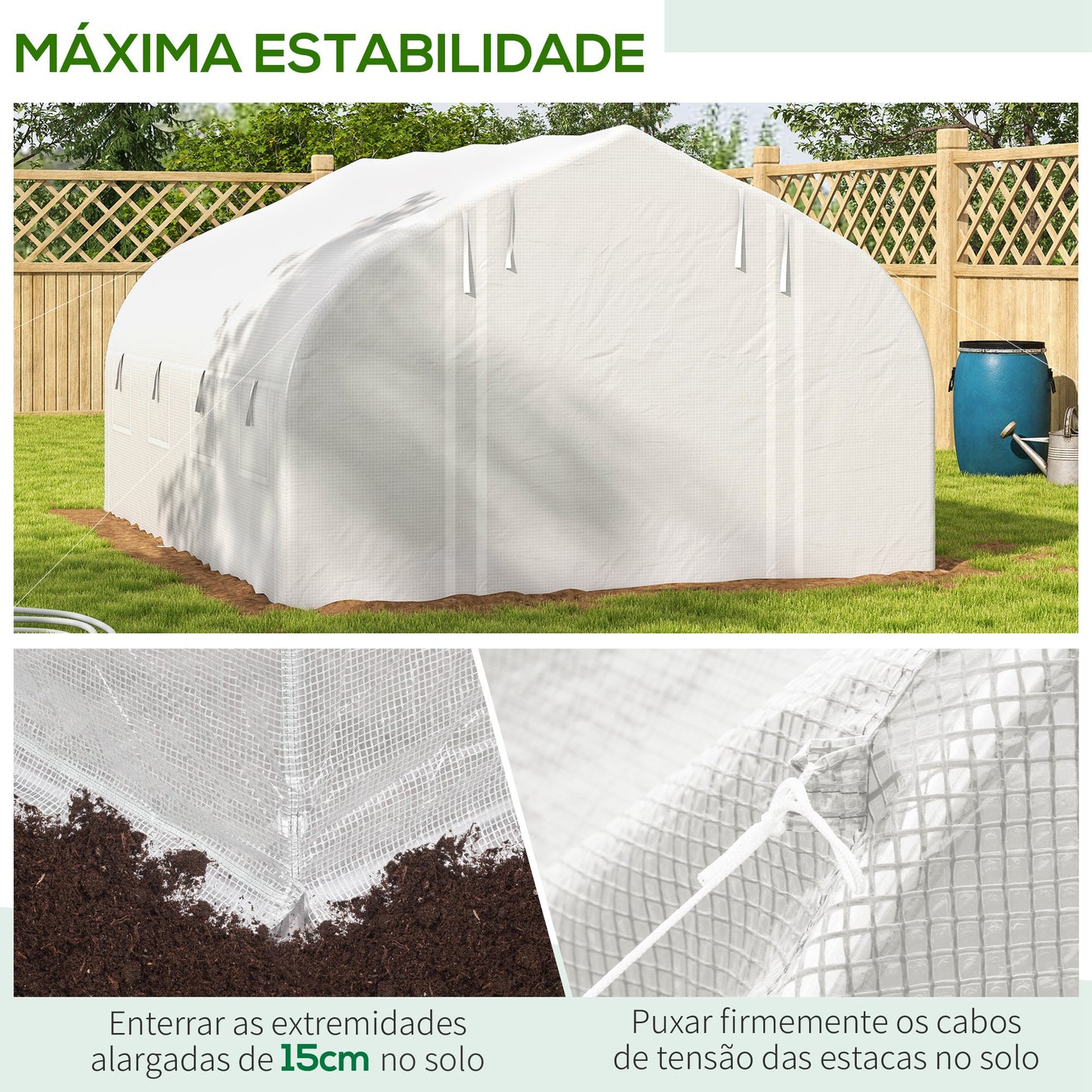 Outsunny Estufa Tipo Túnel 395x300x200 cm com Porta de Malha e 8 Janelas Estufa de Jardim com Porta e Janelas Enroláveis e Cobertura de PE para Cultivos de Plantas Verduras Branco