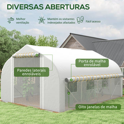 Outsunny Estufa Tipo Túnel 395x300x200 cm com Porta de Malha e 8 Janelas Estufa de Jardim com Porta e Janelas Enroláveis e Cobertura de PE para Cultivos de Plantas Verduras Branco