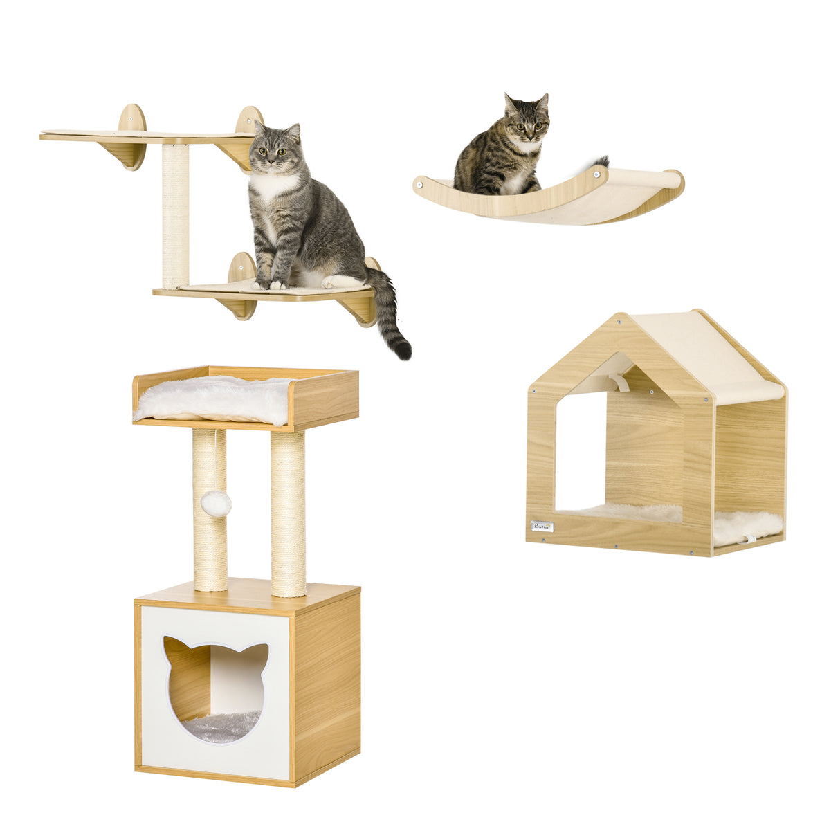 PawHut Conjunto para Gatos Arranhador para Gatos de 2 Níveis com Cama Superior Almofadas Laváveis e Conjunto de Escalar de Parede com 3 Peças com Rede 35x35x81 cm Carvalho e Branco