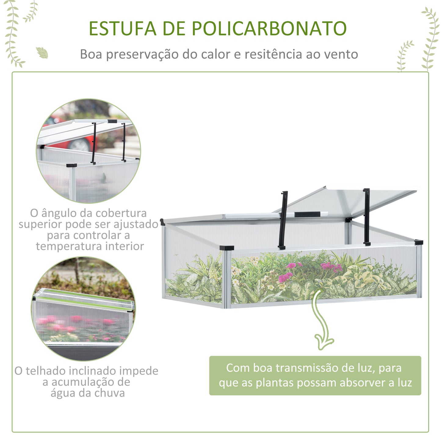 Outsunny Horta Elevada de Alumínio 78,5x61x99,5 Estufa com Cobertura de Policarbonato Teto Retrátil e Prateleira Inferior para Cultivos de Plantas e Flores Cinza