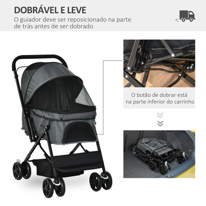 PawHut Carrinho para Animais de Estimação Dobrável Carro para Cães e Gatos com Capô Ajustável Cesta de Armazenamento Cinto de Segurança Tecido Oxford 600D Aço 76,5x52x95cm Cinza