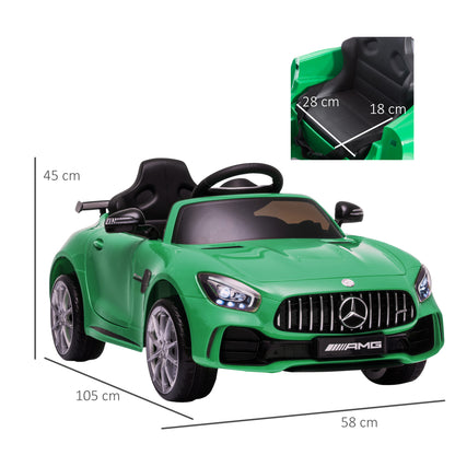 HOMCOM Carro elétrico para crianças acima de 3 anos licenciado de Mercedes GTR bateria de 12V com controle remoto Faróis musica portas de abertura dupla Carga 25kg 105x58x45 cm Verde