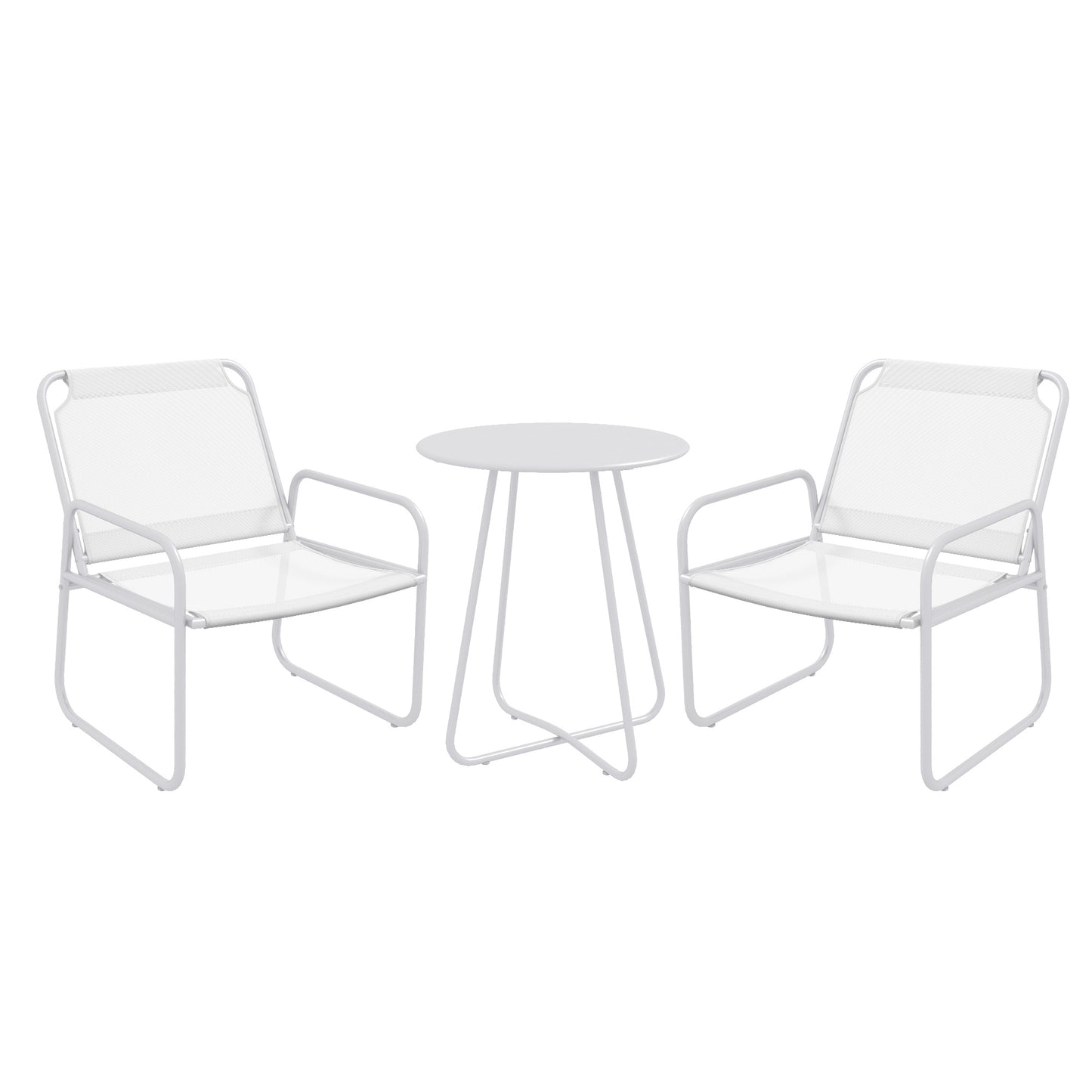 Outsunny Conjunto de Móveis de Jardim Conjunto de 1 Mesa Redonda e 2 Cadeiras de Varanda com Estrutura de Aço Apoio para os Braços e Pés com Almofadas Ajustáveis para Varanda Pátio Branco