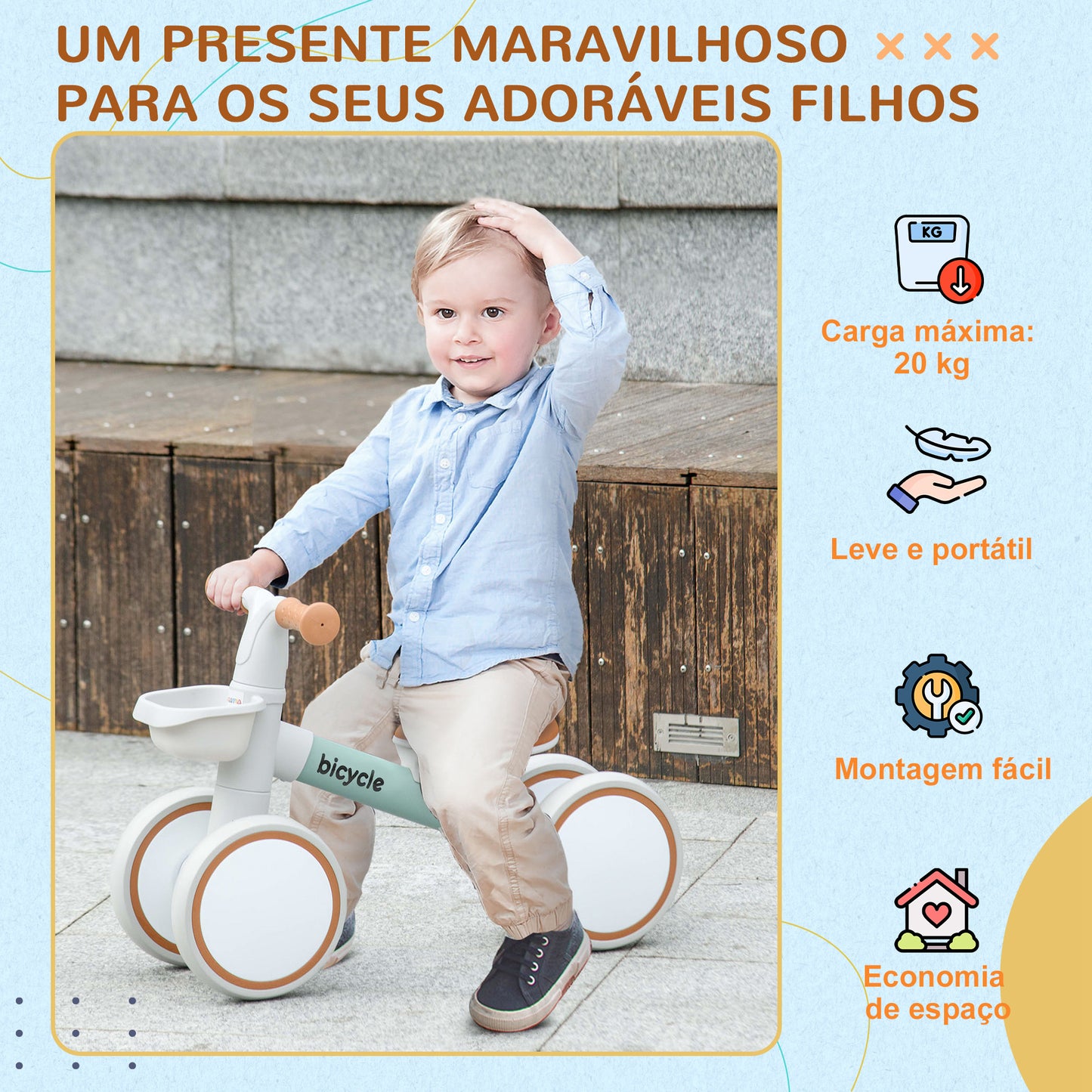 AIYAPLAY Bicicleta sem Pedais para Crianças de 12-36 Meses Bicicleta de Equilíbrio com Assento Ajustável Cesta e 4 Rodas Silenciosas Carga 20 kg 56x27x39 cm Verde