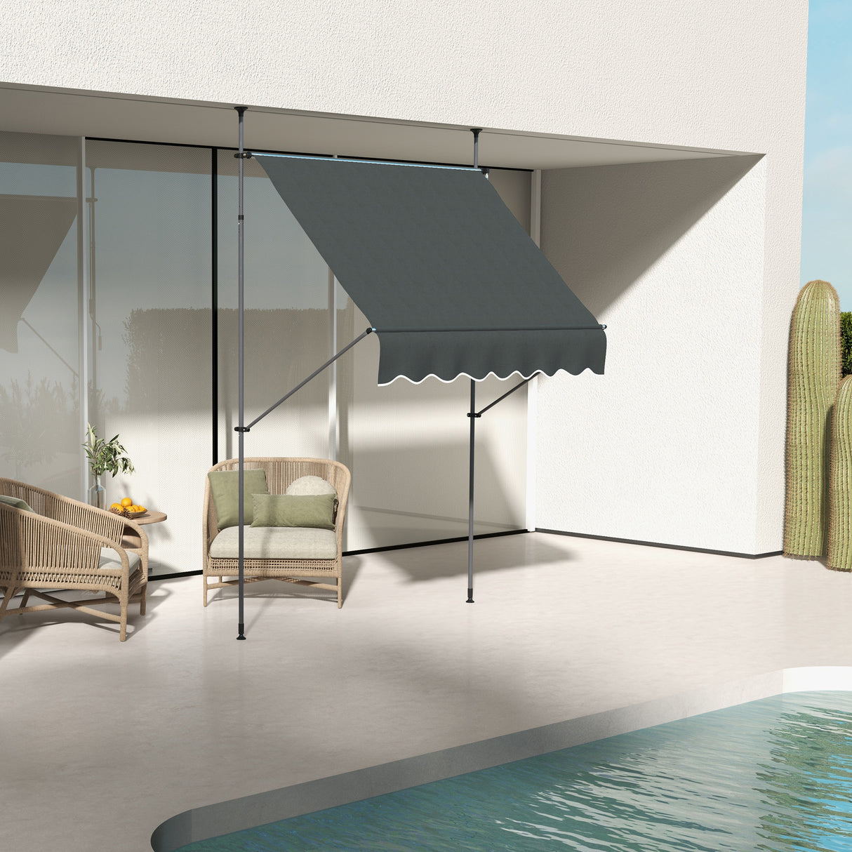 Outsunny Toldo Manual Retrátil com Manivela 200x120x210-300 cm Toldo para Varanda com Altura Ajustável Impermeável e Anti-UV para Jardim Terraço Cinza Escuro