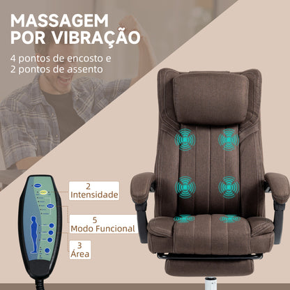 Vinsetto Cadeira de Escritório com 6 Pontos de Massagem por Vibração Cadeira de Escritório Reclinável com Altura Ajustável Controlo Remoto Encosto Alto e Apoio para a Cabeça 65x61x101-113 cm Marrom