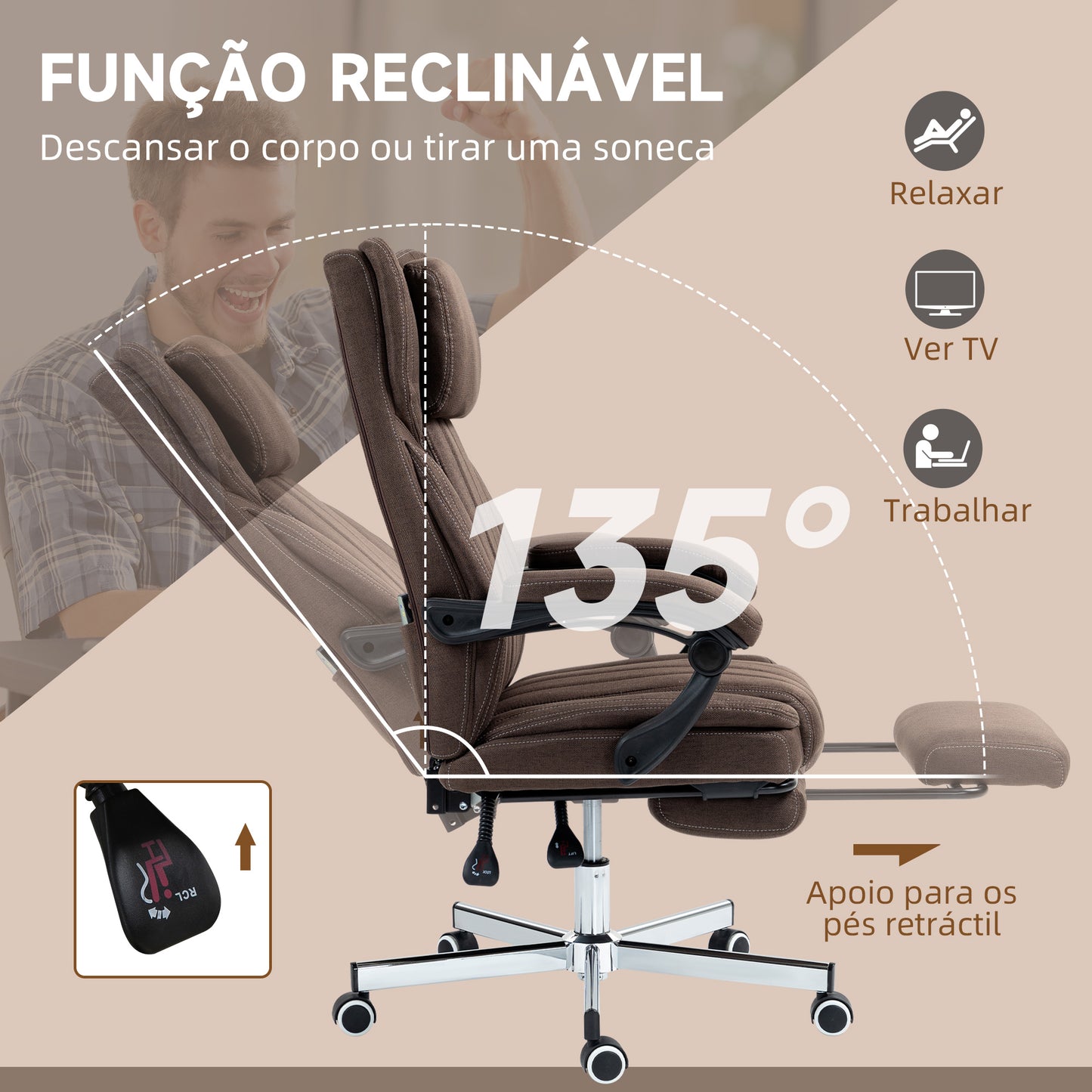 Vinsetto Cadeira de Escritório com 6 Pontos de Massagem por Vibração Cadeira de Escritório Reclinável com Altura Ajustável Controlo Remoto Encosto Alto e Apoio para a Cabeça 65x61x101-113 cm Marrom