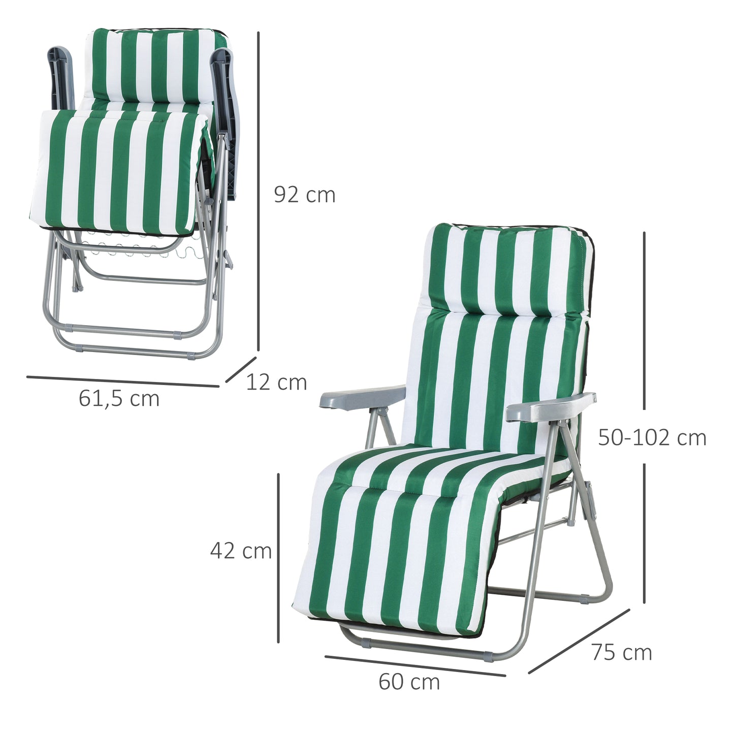 Outsunny 2 Espreguiçadeiras de Jardim Dobráveis Espreguiçadeiras de Aço com Almofada Acolchoada Encosto Ajustável em 5 Posições e Apoio para os Pés 60x75x50-102cm Verde e Branco