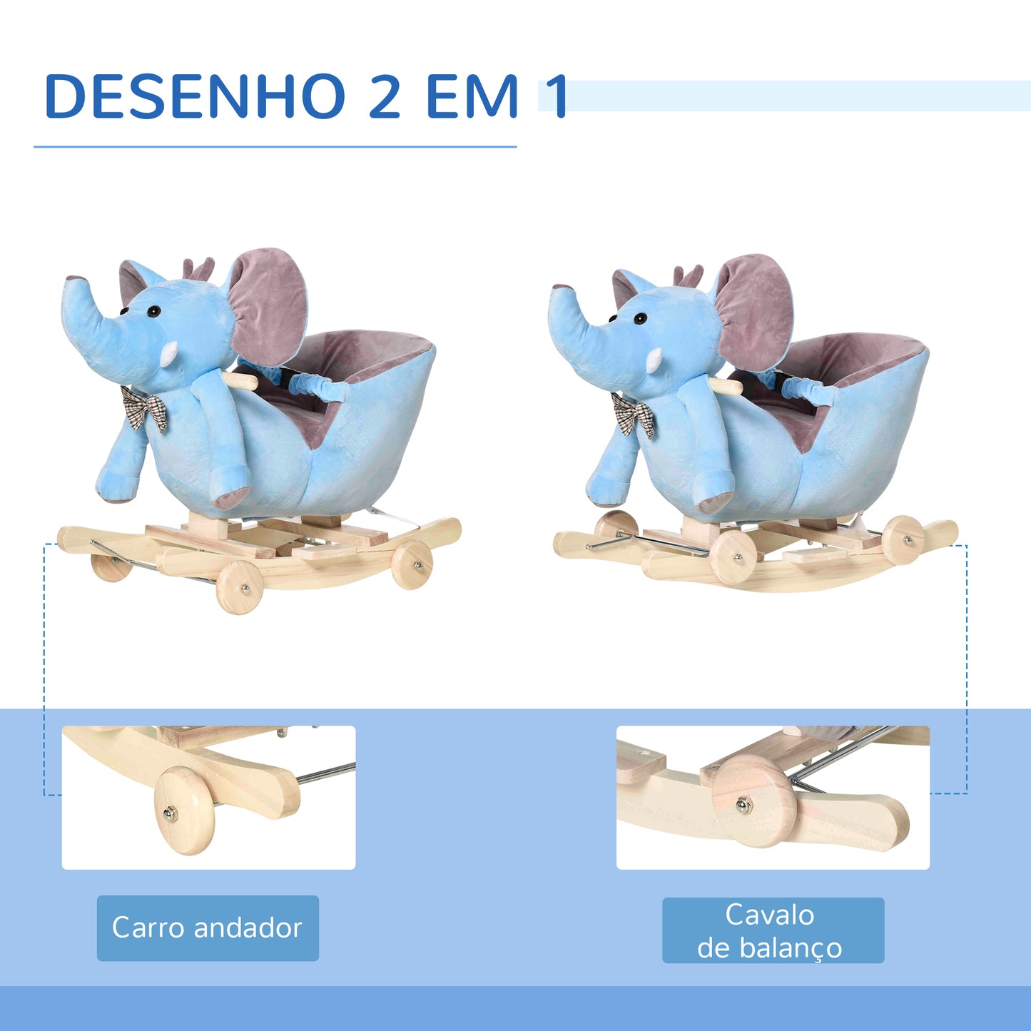 HOMCOM Cavalo Baloiço com Rodas e Forma de Elefante Cavalo Baloiço para Bebés acima de 18 Meses com Músicas Infantis e Cinto de Segurança Carga Máxima 60 kg 60x35x45 cm Azul