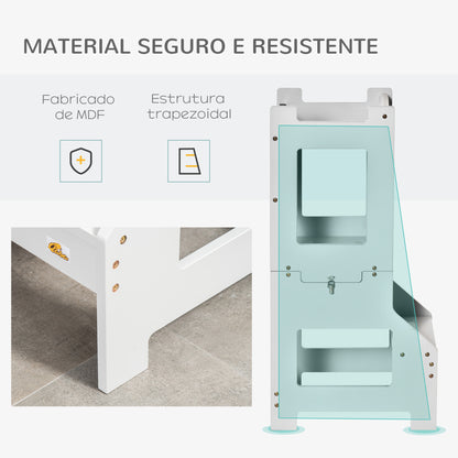 HOMCOM Torre de Aprendizagem para Crianças 3-6 Anos de Madeira Torre de Aprendizagem Infantil Convertível em Secretária com Ardósia e Barra de Segurança para Casa de Banho Cozinha 42x44x86 cm Cinza