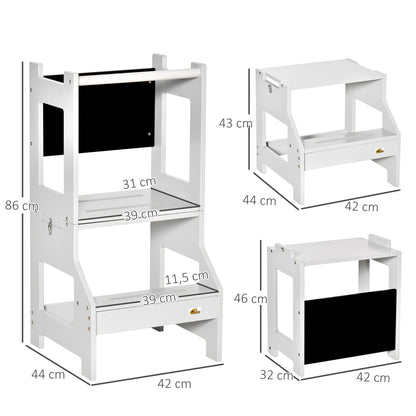 HOMCOM Torre de Aprendizagem para Crianças 3-6 Anos de Madeira Torre de Aprendizagem Infantil Convertível em Secretária com Ardósia e Barra de Segurança para Casa de Banho Cozinha 42x44x86 cm Cinza