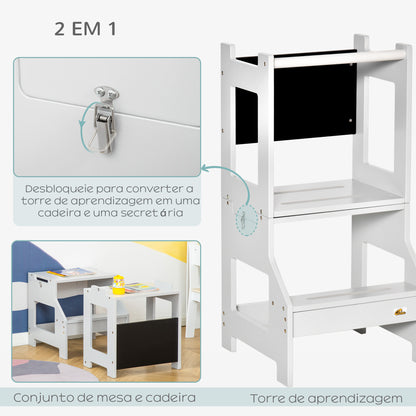 HOMCOM Torre de Aprendizagem para Crianças 3-6 Anos de Madeira Torre de Aprendizagem Infantil Convertível em Secretária com Ardósia e Barra de Segurança para Casa de Banho Cozinha 42x44x86 cm Cinza