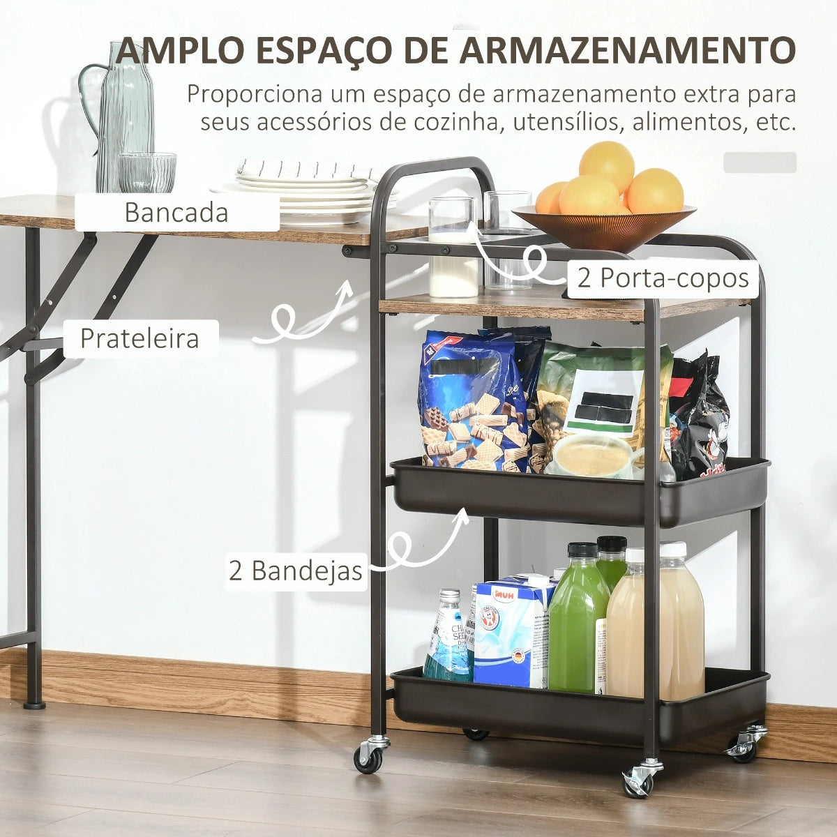 Carrinho de Cozinha com Rodas Carrinho Auxiliar com Prateleiras de 3 Níveis Bancada Dobrável e 2 Porta-Copos para Sala de Jantar 118x36,5x82cm Marrom Rústico