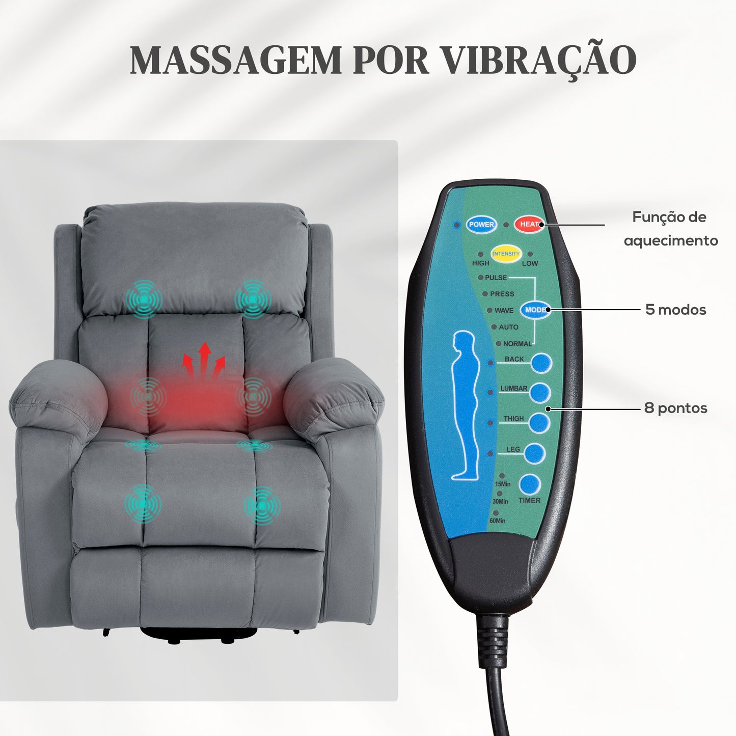 Poltrona Relax Levanta Pessoas Elétrica Poltrona Elevatória com 8 Pontos de Massagem Poltrona Reclinável com Função de Aquecimento Controlo Remoto e Bolso Lateral Cinza