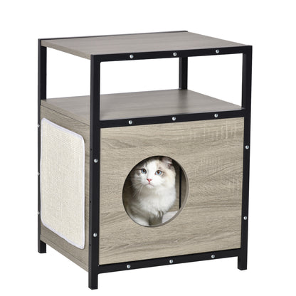 PawHut Casa para Gatos de Madeira com Aparência de Mesa Auxiliar Caverna com Almofada Extraível Porta com Orifício e Tapete Arranhador 48x40x64,5cm Carvalho Cinza