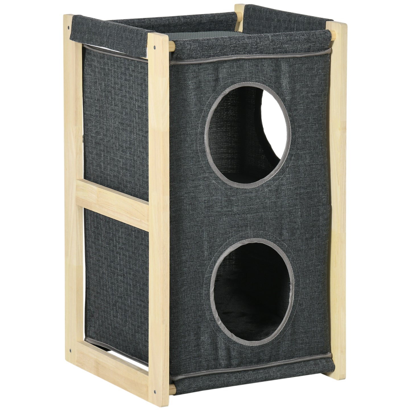 PawHut Casa para Gatos de Madeira em Forma de Barril Arranhador para Gatos Casa para Gatos de Interior com 2 Almofadas Amovíveis e Laváveis 40x40x70cm Cinza