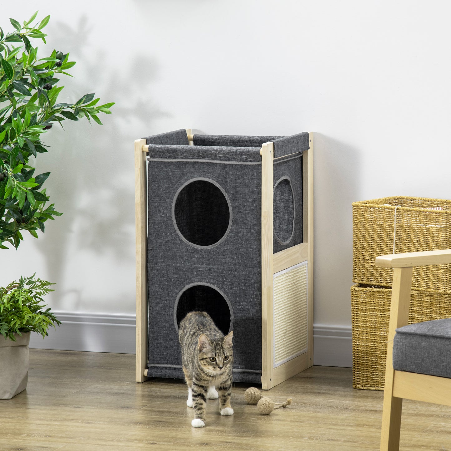 PawHut Casa para Gatos de Madeira em Forma de Barril Arranhador para Gatos Casa para Gatos de Interior com 2 Almofadas Amovíveis e Laváveis 40x40x70cm Cinza