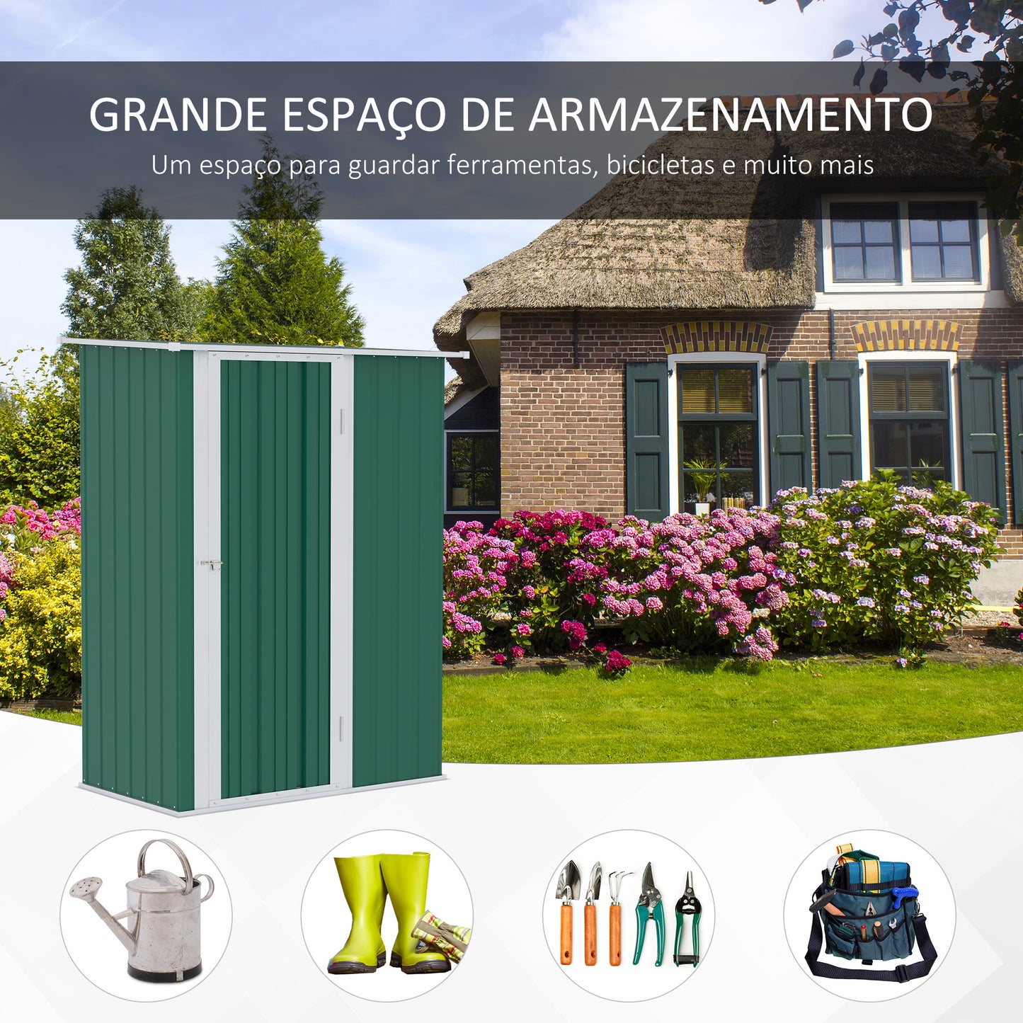 Outsunny Abrigo de Jardim 142x84x189cm Abrigo de Jardim de Aço Galvanizado com Porta Fechadura e Orifícios de Drenagem para Armazenamento de Ferramentas Verde