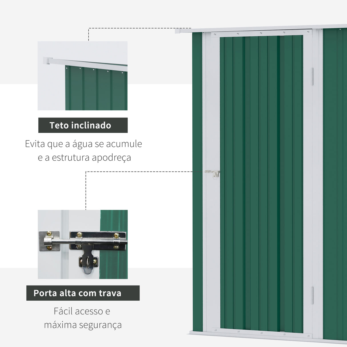 Outsunny Abrigo de Jardim 142x84x189cm Abrigo de Jardim de Aço Galvanizado com Porta Fechadura e Orifícios de Drenagem para Armazenamento de Ferramentas Verde