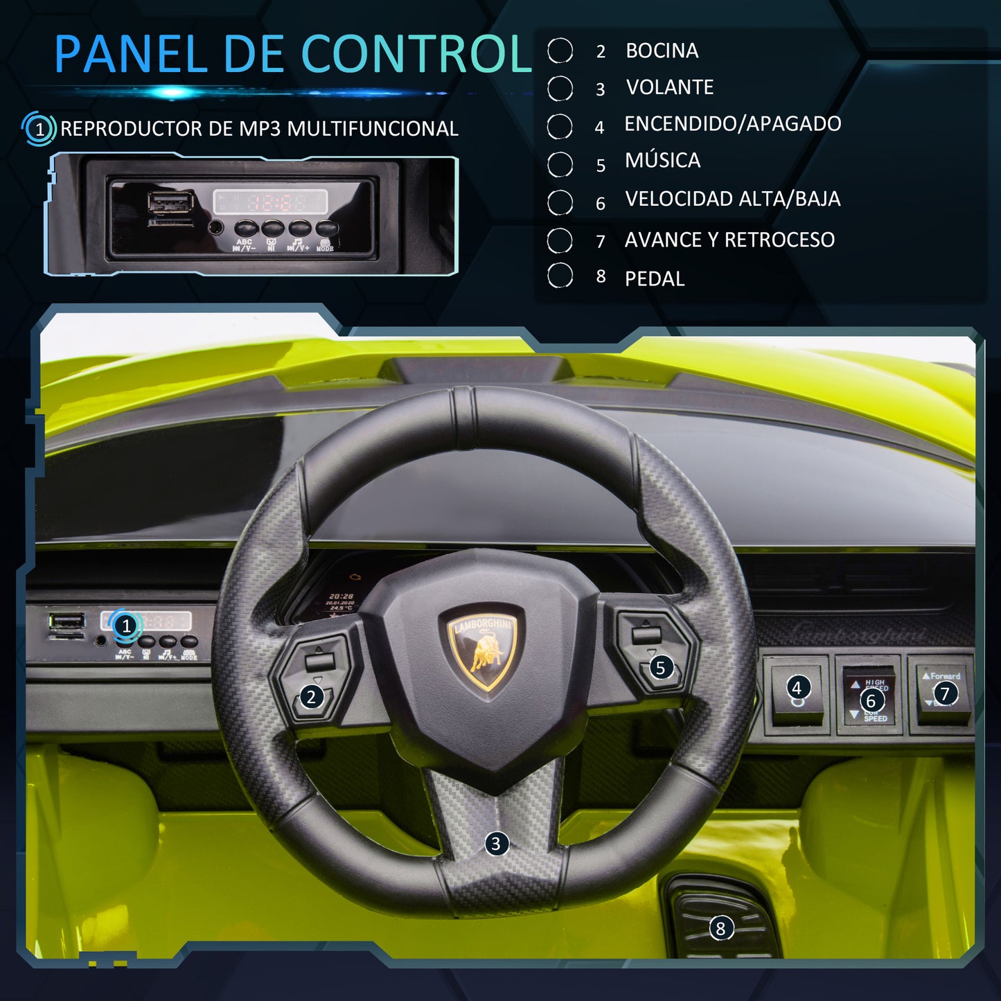 HOMCOM Carro Elétrico Lamborghini SIAN 12V para Crianças acima de 3 Anos com Controle Remoto Abertura da Porta Música MP3 USB e Faróis 108x62x40cm Verde