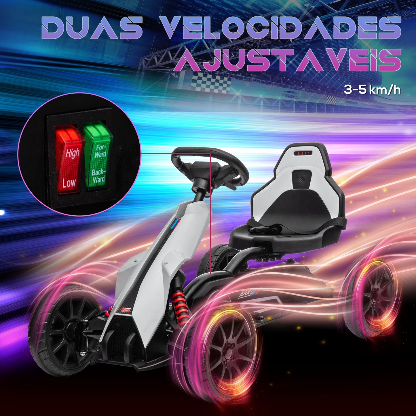 HOMCOM Go Kart Carro Elétrico para Crianças de 3 a 8 Anos Kart a Bateria 12V Velocidade Ajustável 3-5 km/h e Cinto de Segurança Carga 30 kg para Exterior 100x58x58,5 cm Branco