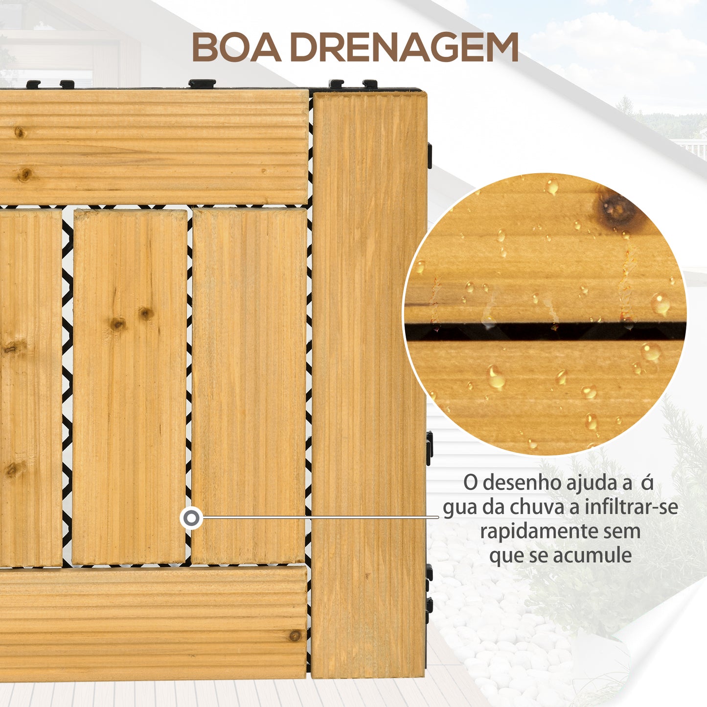 Outsunny Conjunto de 27 Peças de Deck de Madeira para Exterior 30x30cm Área de 2,43 m² Ladrilhos para Exterior com Sistema Clic para Balcão Terraço Jardim Madeira