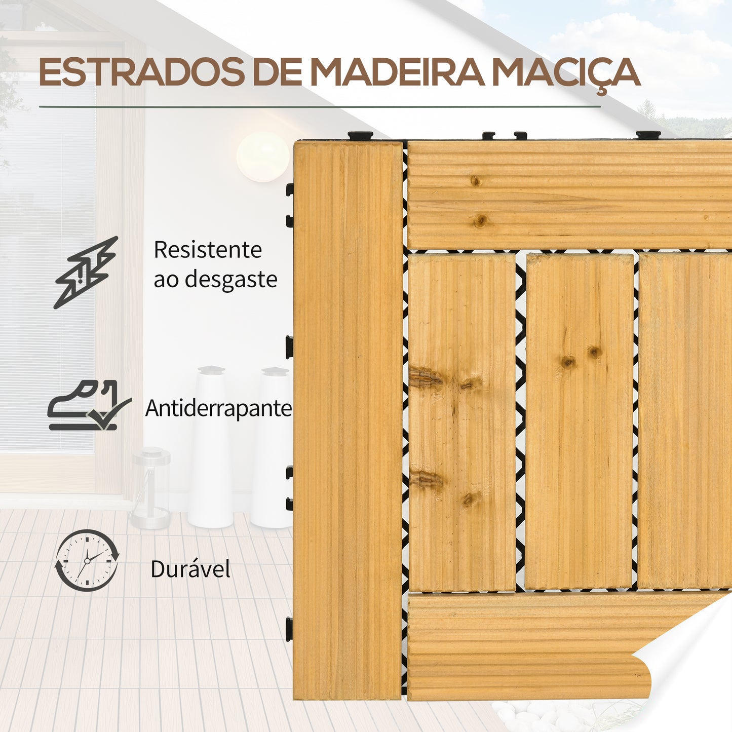 Outsunny Conjunto de 27 Peças de Deck de Madeira para Exterior 30x30cm Área de 2,43 m² Ladrilhos para Exterior com Sistema Clic para Balcão Terraço Jardim Madeira