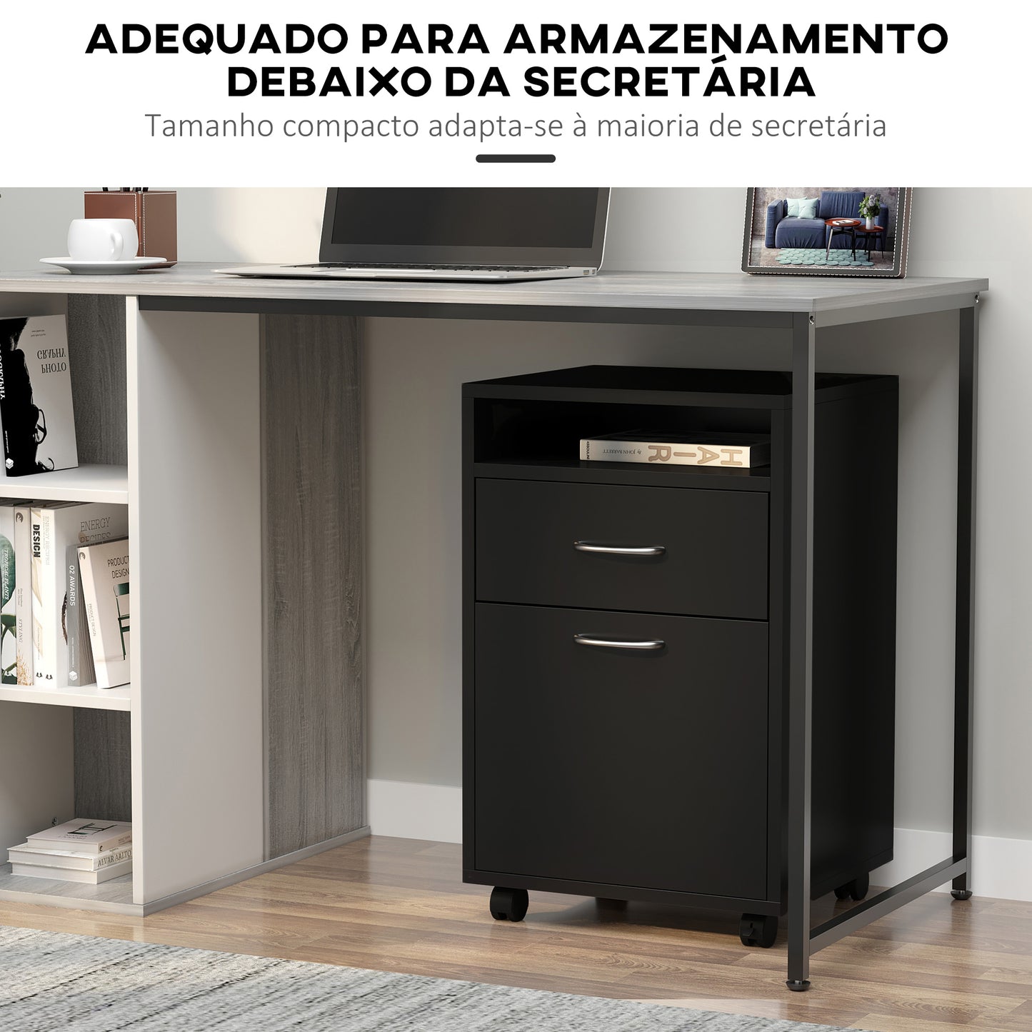 HOMCOM Bloco de Gavetas de Escritório Bloco de Gavetas com Armário e Gaveta Móvel Arquivador com Rodas Suporte para Impressora 40x35x60 cm Preto