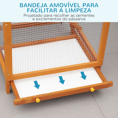 PawHut Gaiola para Pássaros Grande 68x63x165cm Gaiola para Pássaros de Madeira de Abeto com 2 Portas Bandeja Amovível e Teto Asfáltico Madeira