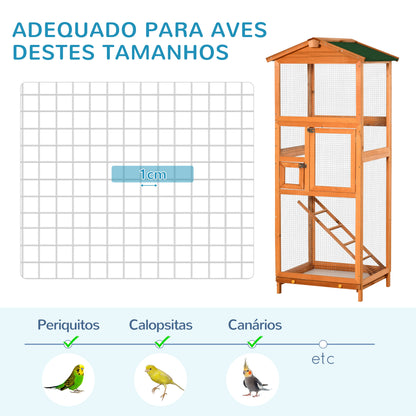 PawHut Gaiola para Pássaros Grande 68x63x165cm Gaiola para Pássaros de Madeira de Abeto com 2 Portas Bandeja Amovível e Teto Asfáltico Madeira