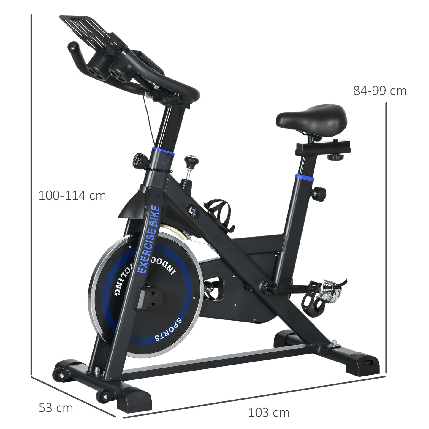 HOMCOM Bicicleta Estática com Resistência Ajustável Bicicleta Estática Fitness com Volante de Inércia 8 kg Ecrã LCD Guiador e Assento Ajustáveis para Casa Ginásio 103x53x110-114 cm Azul